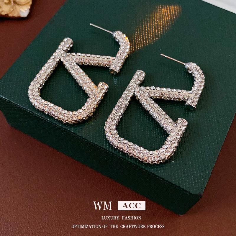 Silver Needle Diamond-Studded Letter Earrings - European & American Style, Exaggerated Cold Temperament, Stylish Luxury Studs