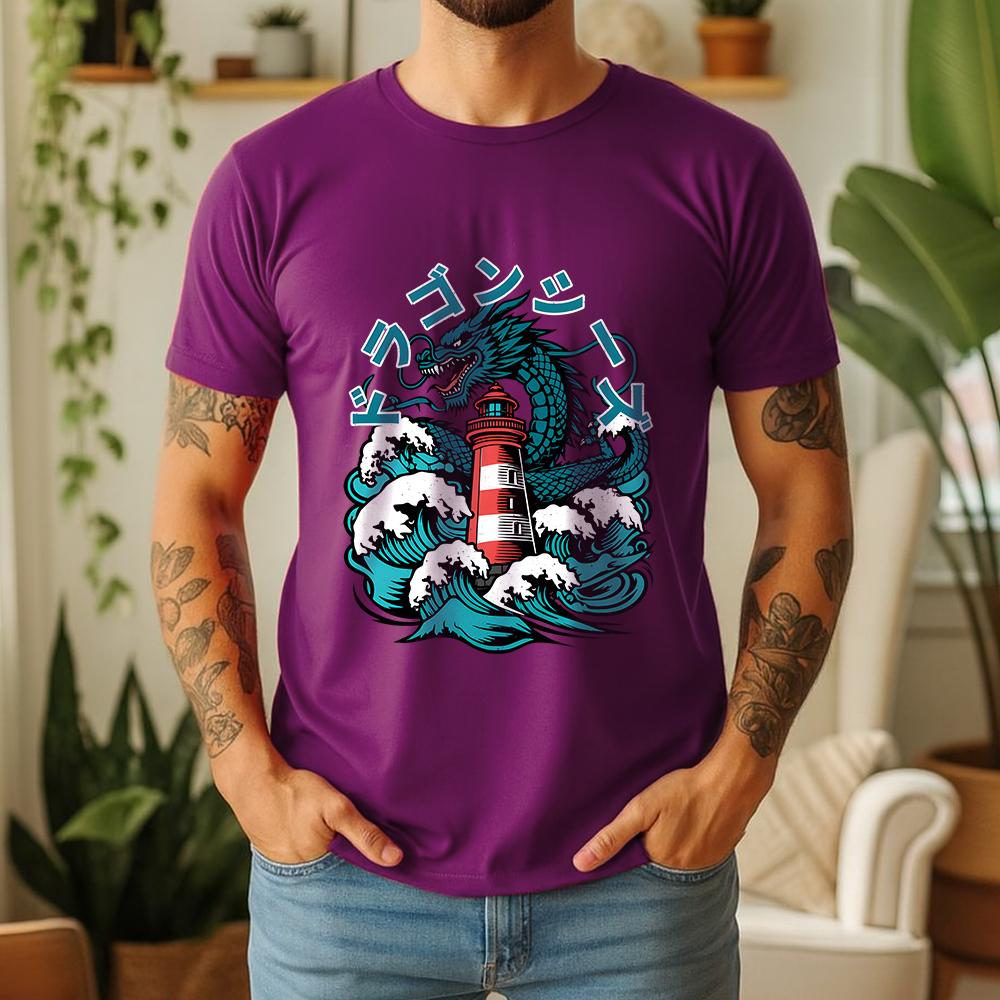 2026 Summer Unisexs Japanese Dragon Lighthouse Graphic Oversize Tee 100 Cotton UkiyoE Short Sleeve