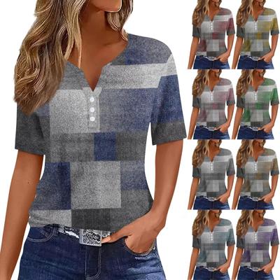 Damen-T-Shirt, T-Shirt, bedruckt, Knopfleiste, kurzärmelig, für den Alltag, Wochenende, modisch, Basic, V-Ausschnitt, normales Oberteil