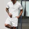 Summer Men's Waffle Texture Color Block Zipper Collar Short Sleeve Shorts Outdoor Set