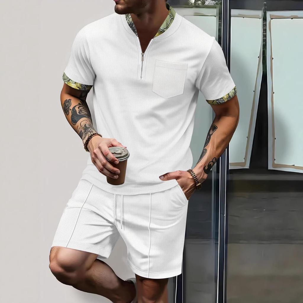 Summer Men's Waffle Texture Color Block Zipper Collar Short Sleeve Shorts Outdoor Set