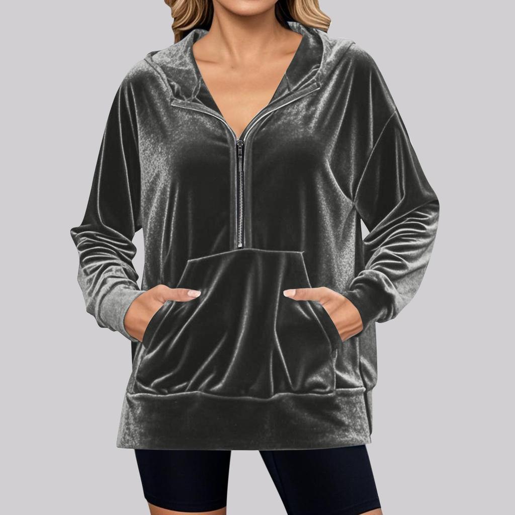 Women's Solid Color Hooded Loose Long Sleeved Zipper Pocket Gold Velvet Top Sweatshirt