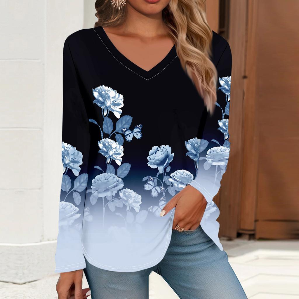 Women's T Shirt Retro Print Long Sleeve Daily Weekend Daily Basic V Neck Regular Fall Winter Tops