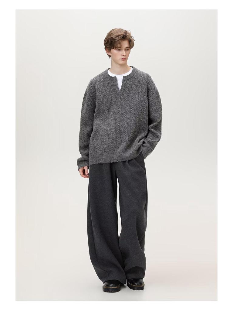 LR 24AW Cozy V-Neck Textured Jacquard Wool Sweater