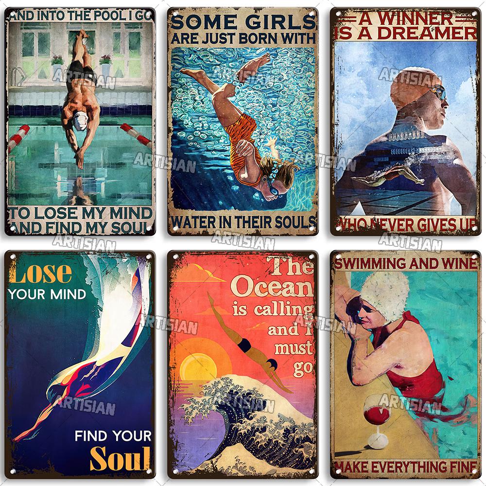 Artisian Sport Metallschild Schwimmen Blechschild Tauchen Dekoratives Poster Wanddeko Garage Bar Pub Club Hotel Café Küche Zuhause