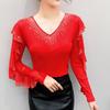 Spring Autumn Women's Ruffles Sleeve T-Shirt Elegant V-neck Tees Slim Ladies Tops With Rhinestone