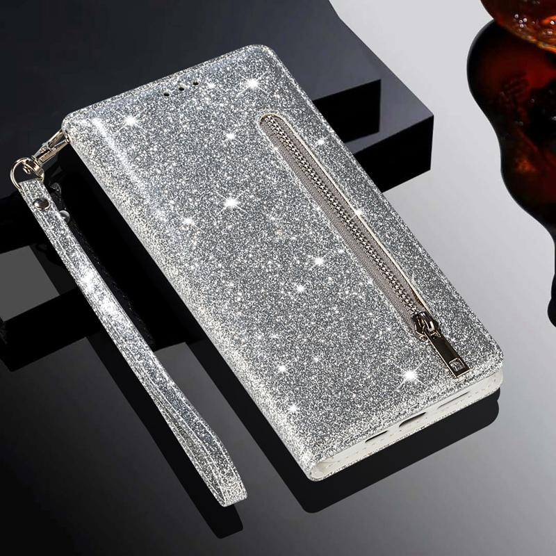 Moda damska Glitter Powders Zipper Wall Case for iPhone Samsung Xiaomi Huawei Luxury Cards + Photo Frame Flip Covers z paskiem na rękę