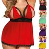 Women Plus Size Lace Mesh Lingerie Red Babydoll Lace Split Cup Sleepwear Set