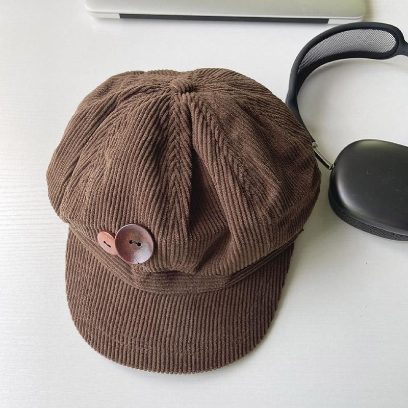 Women Corduroy Beret Hat Vintage Buttons Autumn Winter Octagonal Newsboy Cap Korean Girl Solid Color Painter Artist Peaked Hats