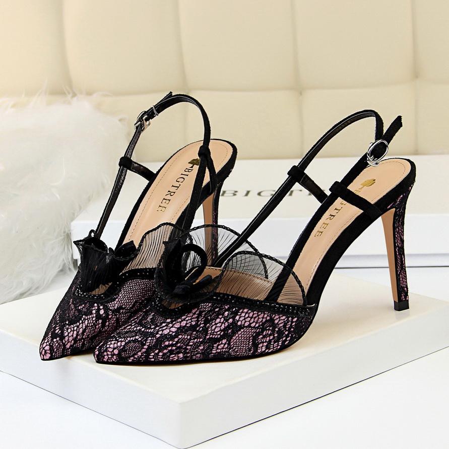 Fashion 2025 Women Summer 9cm High Heels Lace Sandals Lady Fetish Stiletto Pumps Female Escarpins Strappy Mesh Party Green Purple Shoes