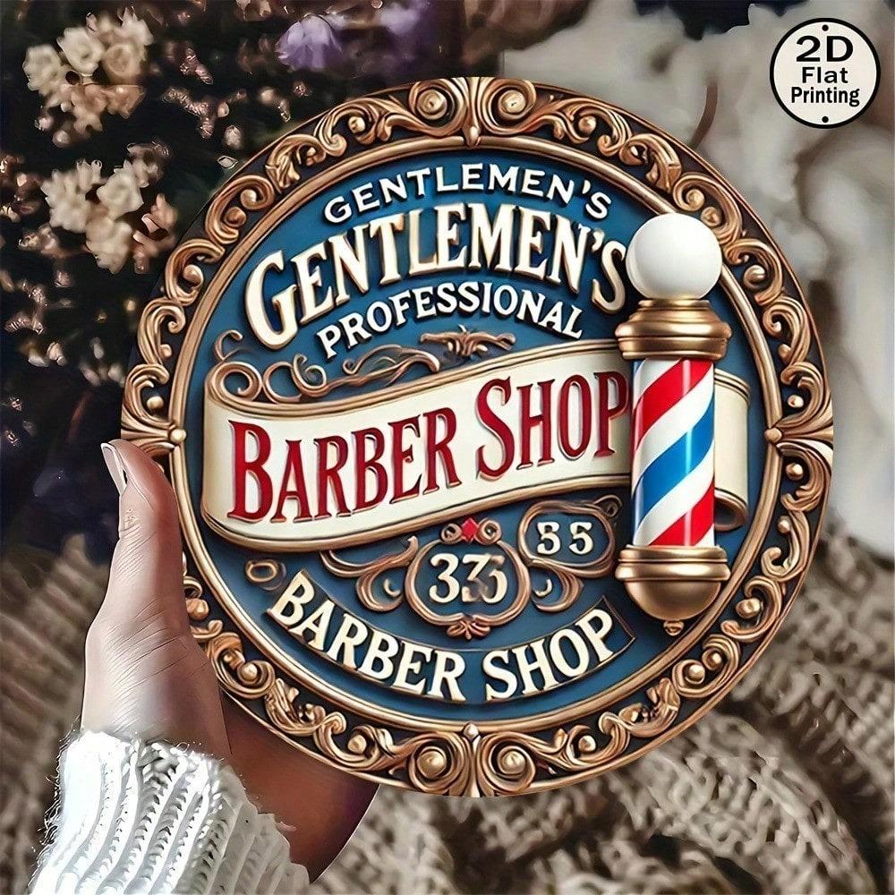 Retro Barber Pole Metal Sign 8 Inch Round Wall Art Vintage Home Decor