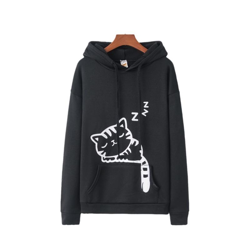 Women's Cat Print Fleece Hoodie - Spring/Autumn Collection