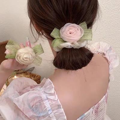 Haargummi mit süßer Rosenblume für Damen, großes Haarband aus Netzgewebe, einfacher Haarschmuck für Mädchen, Haargummi, Haarhalter für Pferdeschwanz