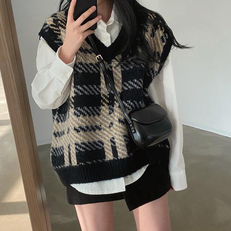 

Вязаный жилет в клетку с V-образным вырезом в стиле ретро для женского осенне-зимнего сезона, свободный свитер-жилет 3XL чёрный