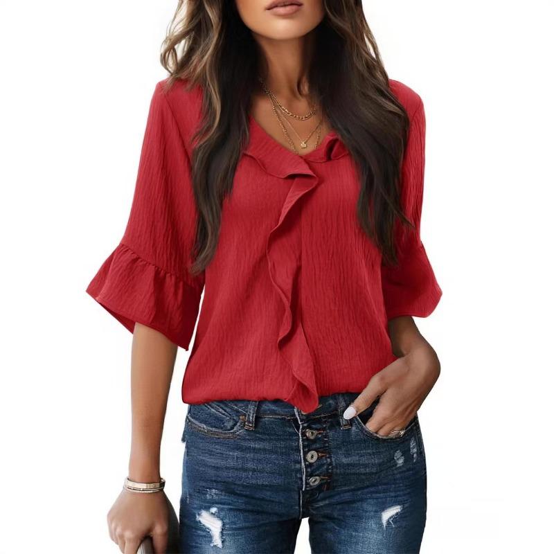 Womens V Neck Ruffle Blouse Three Quarter Bell Sleeve Casual Chiffon Top
