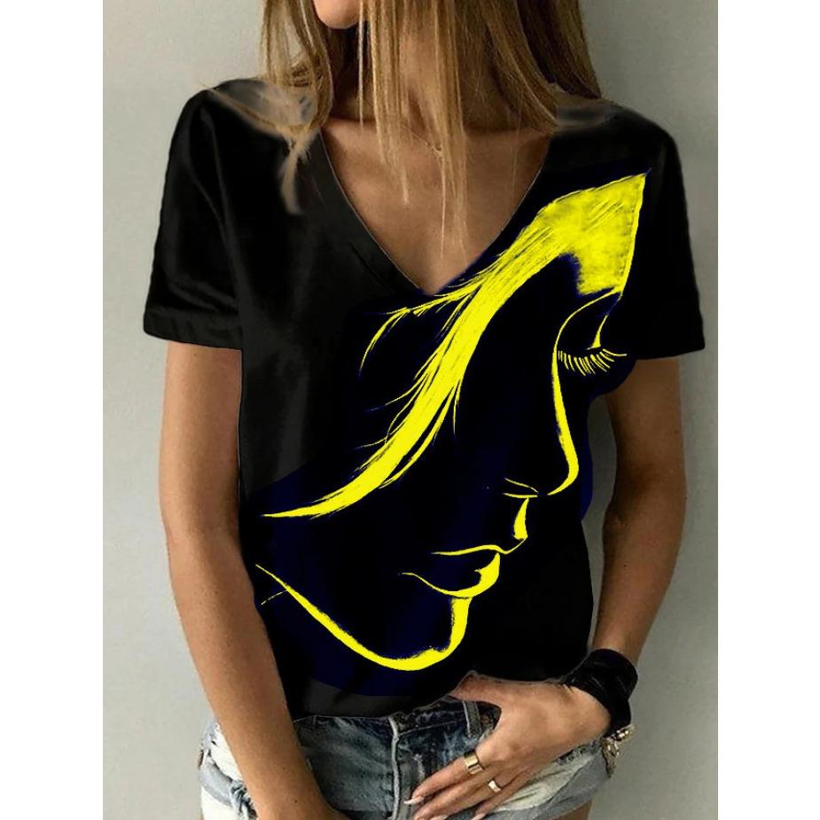 Large Size Floral Print V-neck Short Sleeved T-shirt Women Summer 3d Tees