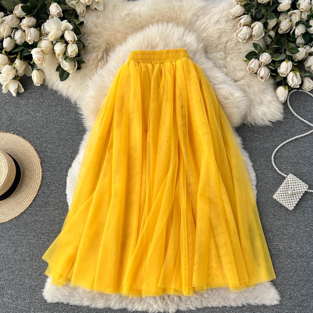 Spring And Summer Pure Color Mesh Pleated Skirt Medium Length Classic Loose And Thin Versatile High Waist Skirt