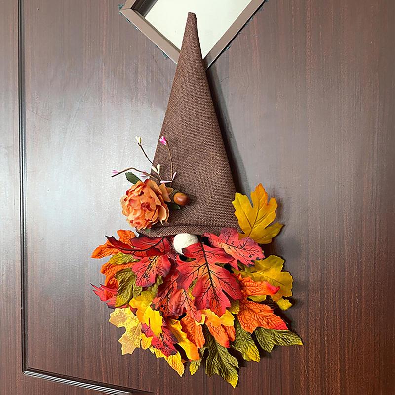 Autumn Wreath Gnome Hat Maple Leaf Wreath Christmas Decoration Front Door Hanging Ornament Window Restaurant Home Decorations