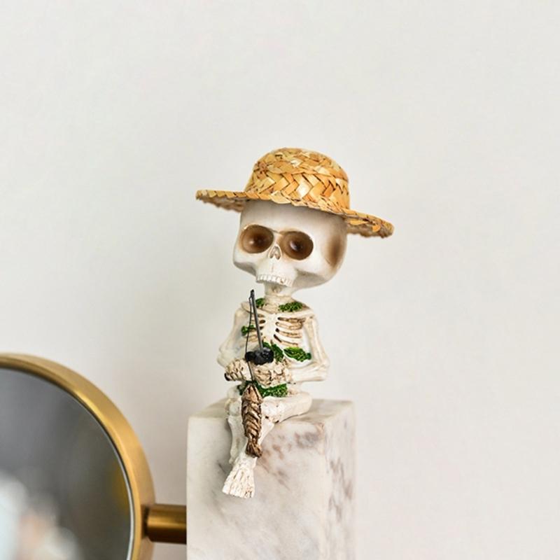 Miniature Resins Skeleton Fishing by Pond Intricate Detailing Figurine Gift for Collectors and Halloween Enthusiasts