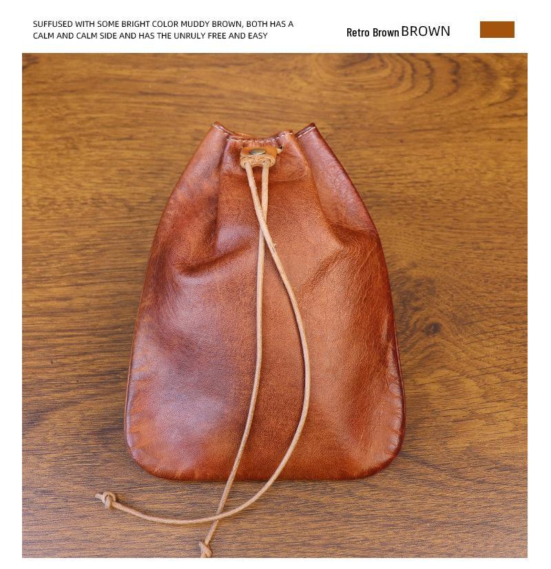 European Retro Cowhide Coin Purse: Hand-rubbed Leather Change Pouch with Drawstring