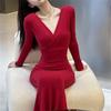Sexy Spice Girl Red Foreign Style V-Neck Long Sleeve Dress Women's Spring New Slim and Skinny Hip Wrap Long Skirt