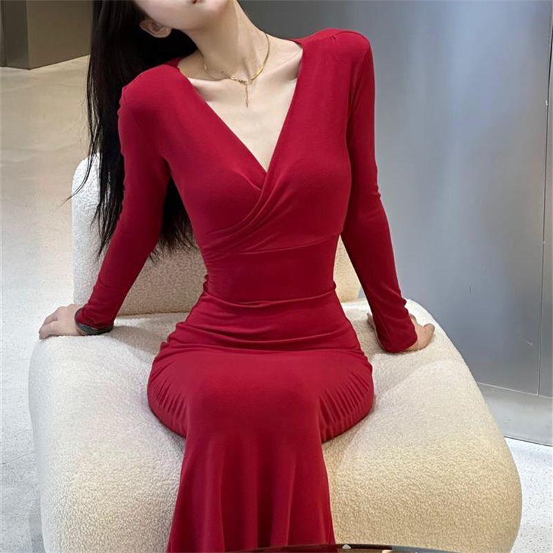 Sexy Spice Girl Red Foreign Style V-Neck Long Sleeve Dress Women's Spring New Slim and Skinny Hip Wrap Long Skirt
