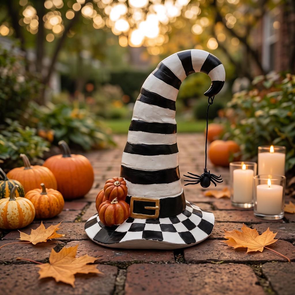 Halloween Witch Hat Outdoor Decor, Resin Pumpkin and Yard Ornament for Garden House