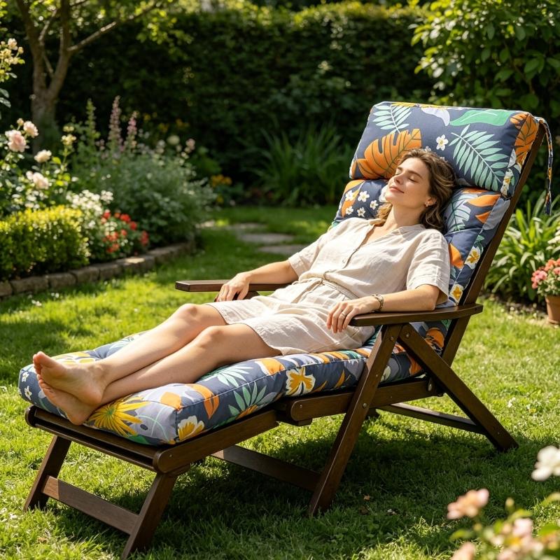 Garden Chair Pad with High Back Headrest, Tufted Outdoor Form and Seat Anchors 125 x 55 cm for Porch Use Daily