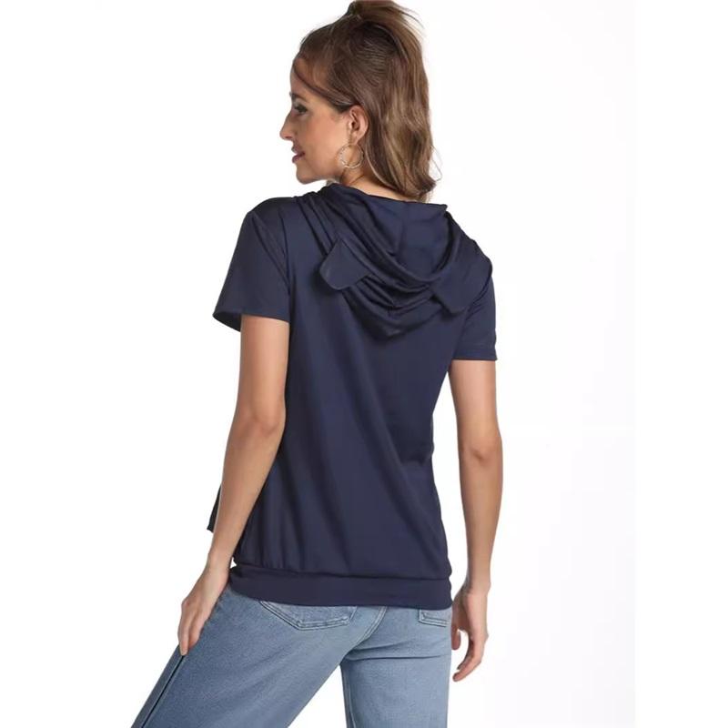 Women's fashionable loose large pocket pocket summer short-sleeved hooded T-shirt