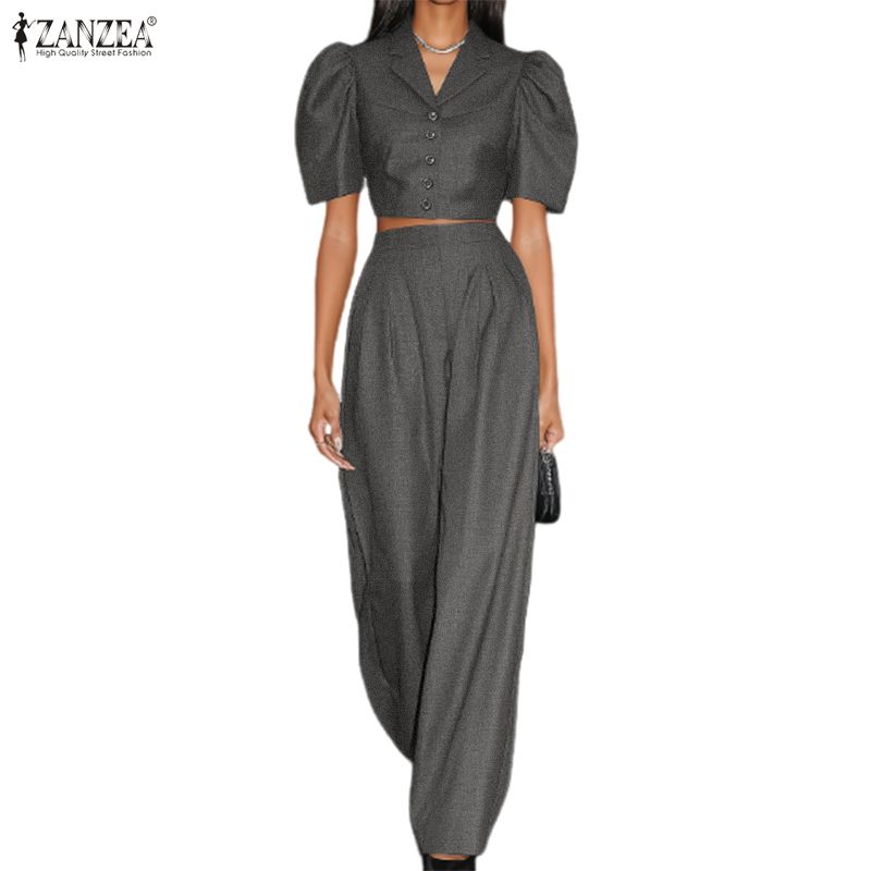 ZANZEA Women Short Sleeve Cropped Tops and Long Pants Two Piece Suit Sets