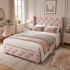 Gestoffeerd Bed 90*200cm met Lattenbodem en Hoofdsteun, Knopenbekleding, Klinknagelbekleding, Houten Poten, Fluweel, Roze(OUDE SKU:3099934AAR)