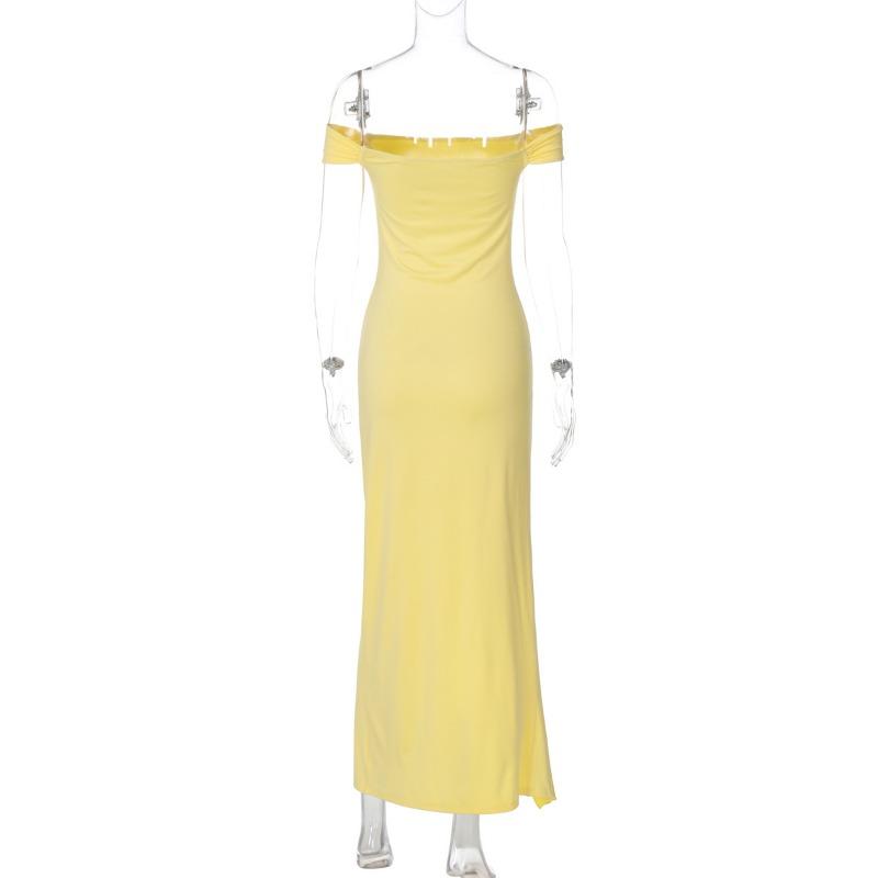 Women's Line Neck Top Breast Long Skirt Slit Temperament Slim Dress