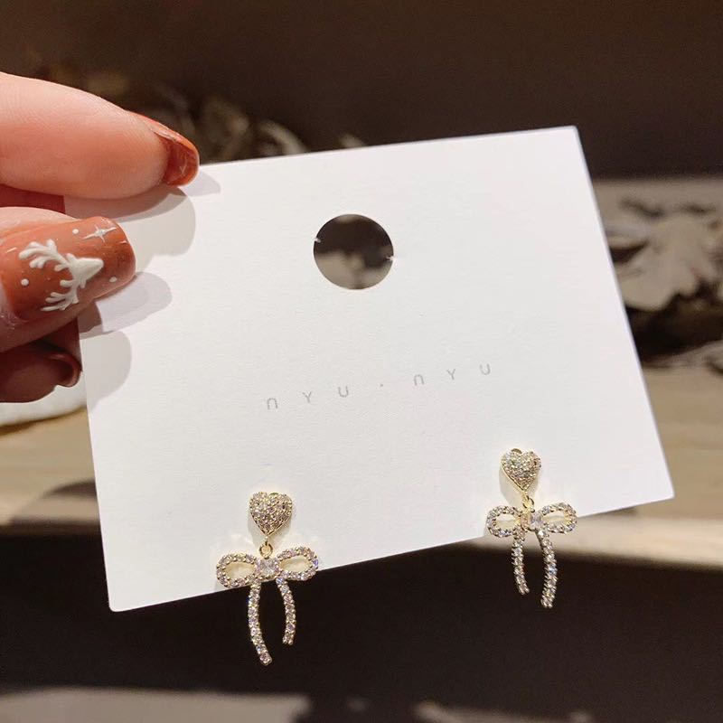 Korea 911 Silver Needle Bow Love Earrings Slightly Inlaid with Small Exquisite Temperament Sweet and Cute Lady Stud Earrings