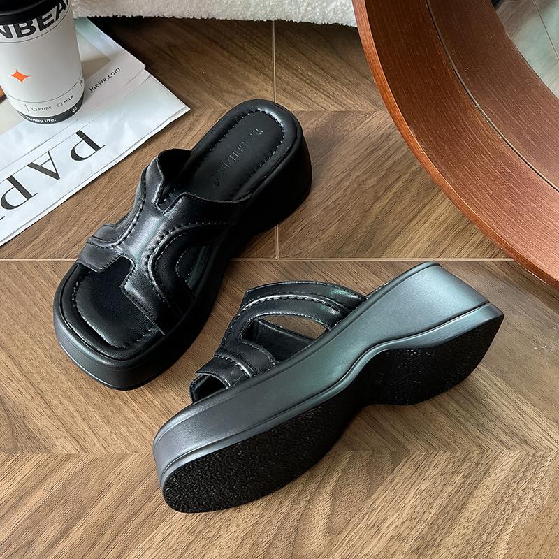 Small open-toed lazy one-word slippers outer wear women's summer new thick-soled thick-heeled cool slippers women