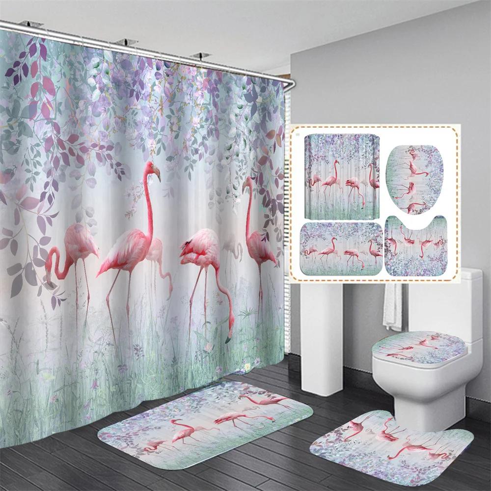 Pink Flamingo Tropical Leaves 3D Hd Shower Curtain Set Waterproof Polyester Bathroom Shower Curtain Set With Mat Non-Slip Rugs