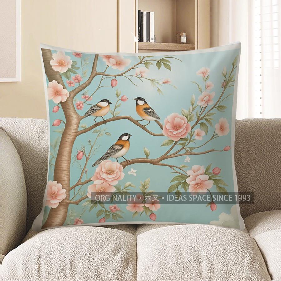 Home Decor Blue Birds and Floral Branch Decorative Pillow Pattern Cushion Cover Suitable for Sofa Bedroom Car Pillow Cover