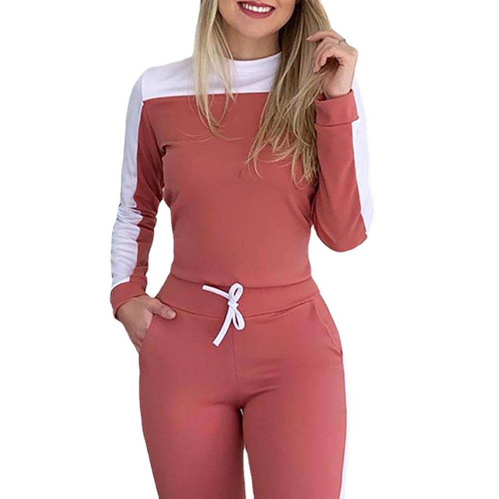 Zweiteilige Sets Herbst Rundhals-Outfits Skinny Kordelzughose Damen Colorblock Langarm-Set Übergröße