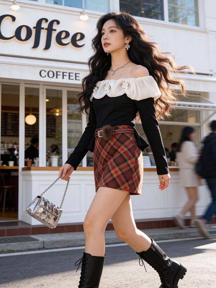 Fei Yuan Plaid Belted Red Skirt - Festive Autumn/Winter Style