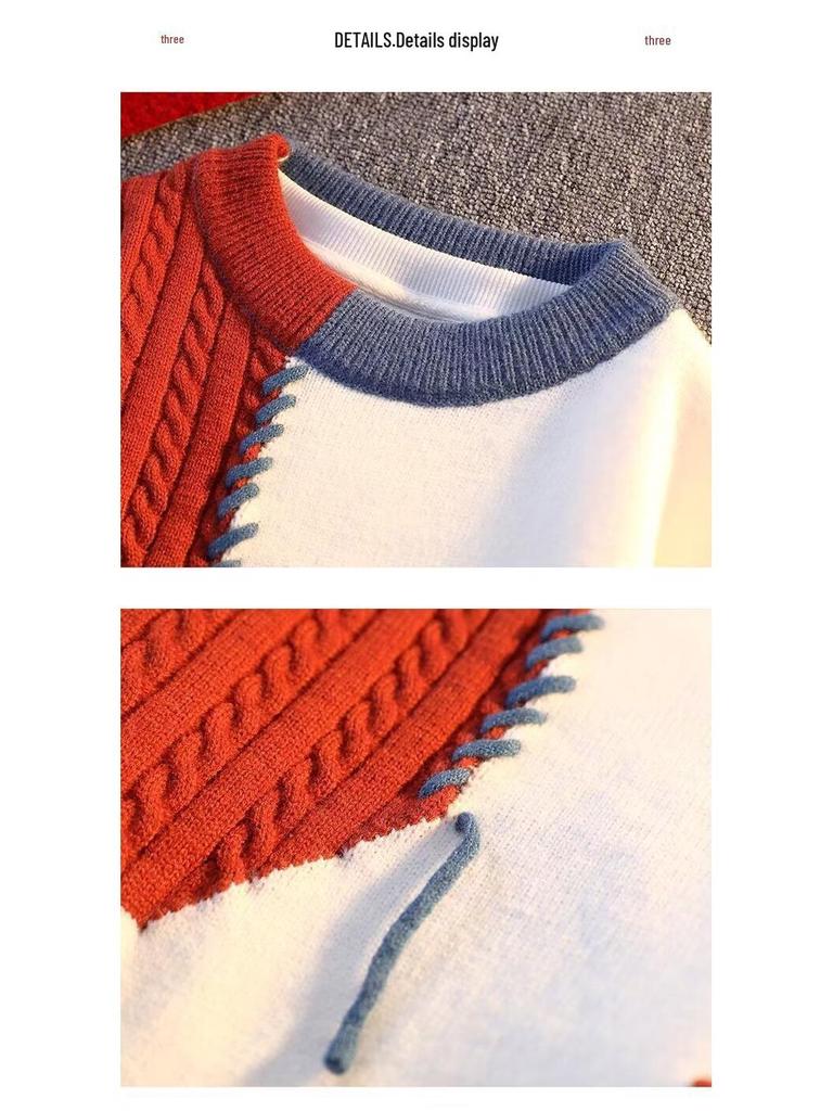 Unisex Patchwork Color-Block Sweater: Casual, Loose-Fit Knit Pullover for Autumn and Winter