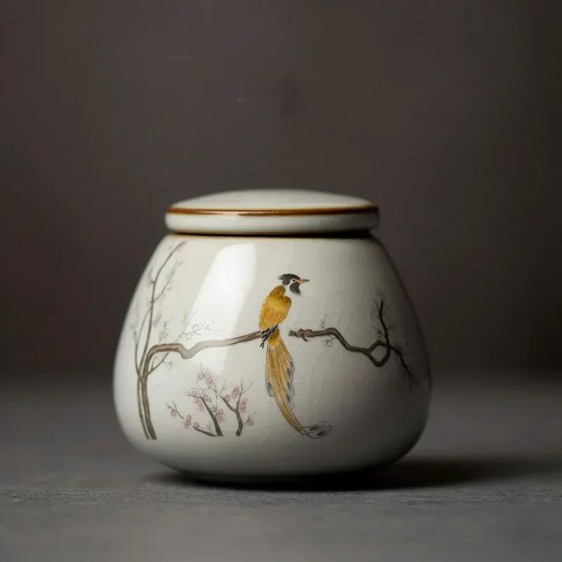 Retro Ru Kiln Ceramics Tea Caddy Cute Cat Pattern Portable Sealed Tea Leaf Containers Travel Tea Bag Storage Box Spice Organizer