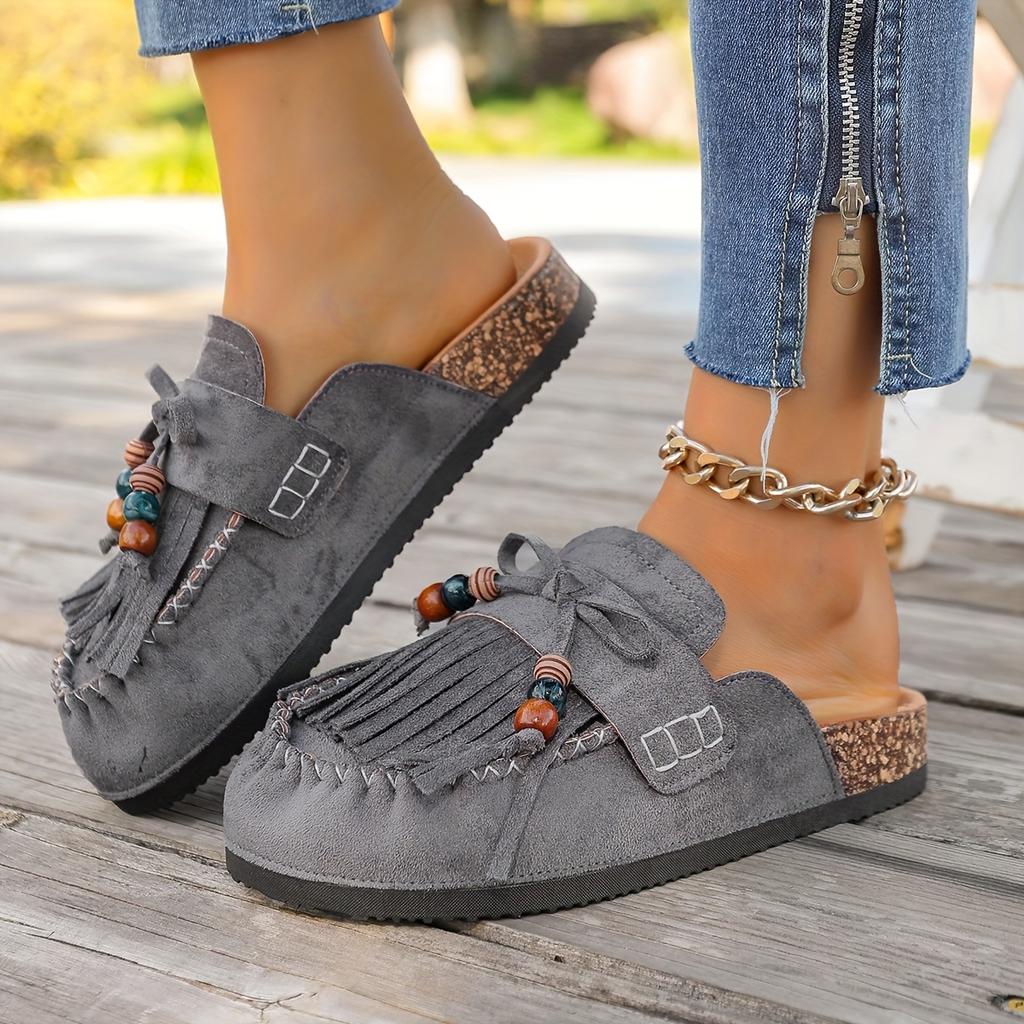 Women's Vintage Tassel Birkenstock Slides - Round Toe Slip-On Mules with Thick Soft Sole for Summer
