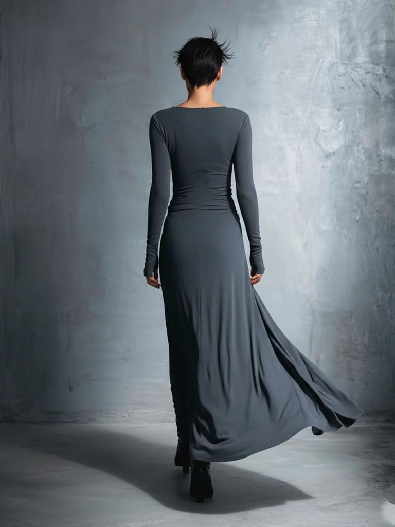 Autumn 2025 European & American One-Shoulder Twist Waist Maxi A-line Dress