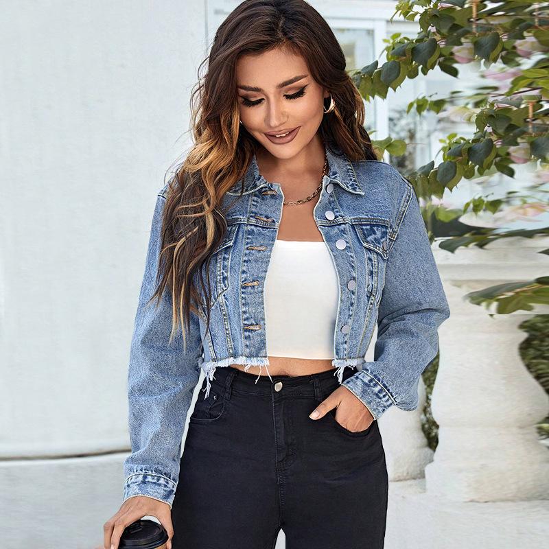 2026 Fashion Women's New Denim Fringed Lapel Long Sleeve Jacket
