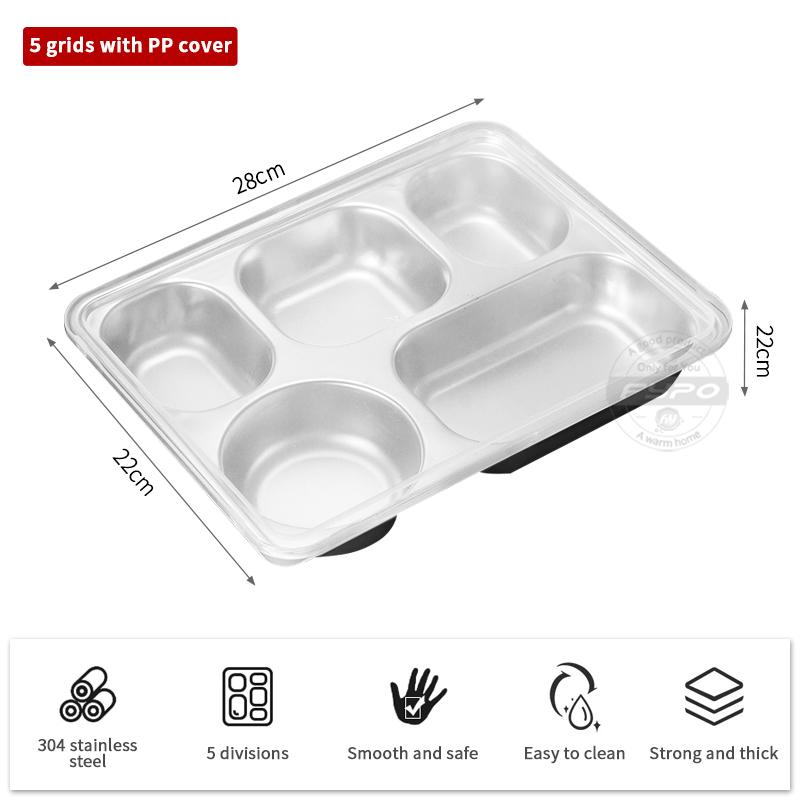 Plato de cena de acero inoxidable Bandeja de cena dividida con tapa Contenedor de almacenamiento de alimentos Bandeja de comedor escolar para niños Vajilla de cocina