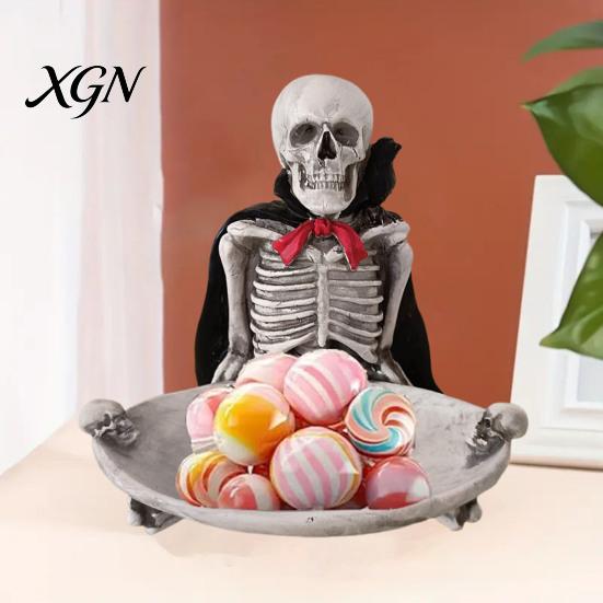 Halloween Party Supplies Skeleton Decorative Tray, Gothic Storage Tray with Black Cape Red Desktop Jewelry Organizer Bow, Multifunctional for
