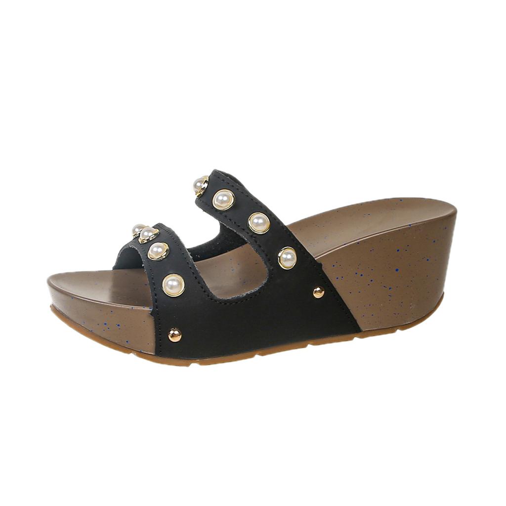 Damen Plateau Sandalen mit offenen Zehen und Keilabsatz, Dicke Sohle, Peep-Toe, Nieten, Hohlmuster, Sommer