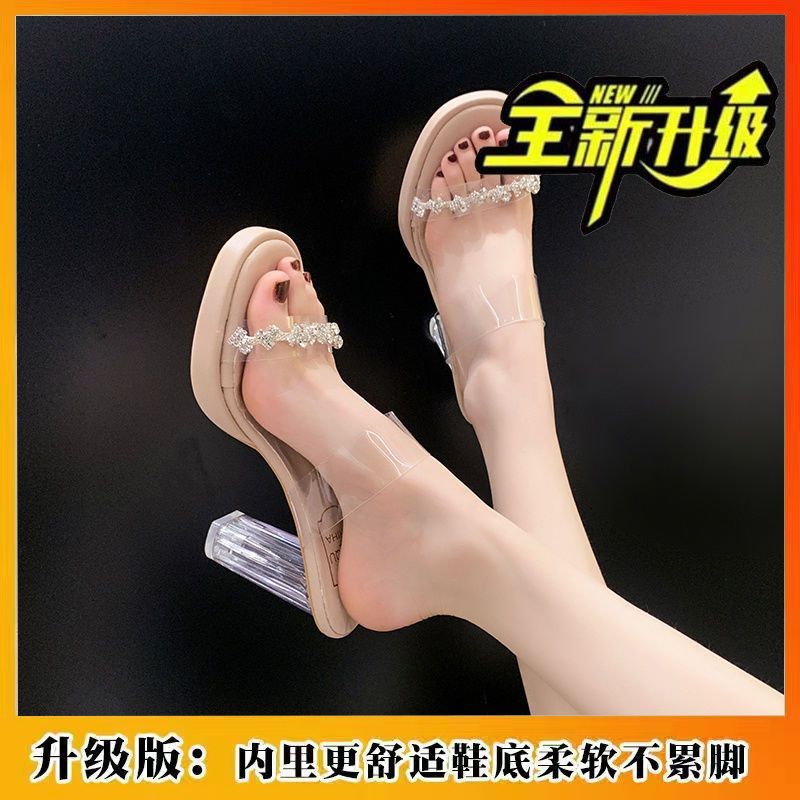 Popular fashion high heels women's one-word drag wear summer year crystal cool slippers high sense