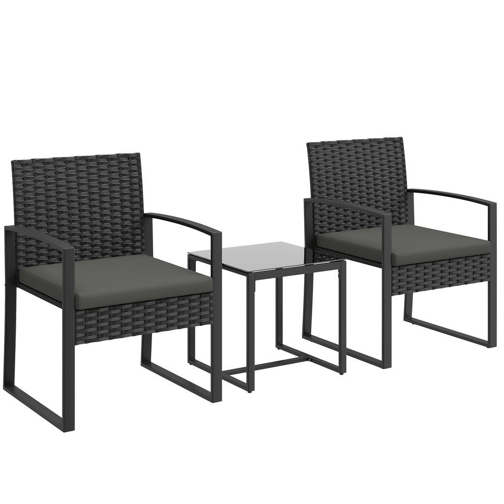 Rattan Bistro Set, 3-Piece Garden Furniture Set with 2 Garden Chairs, Coffee Table, Removable Cushions Dark Grey