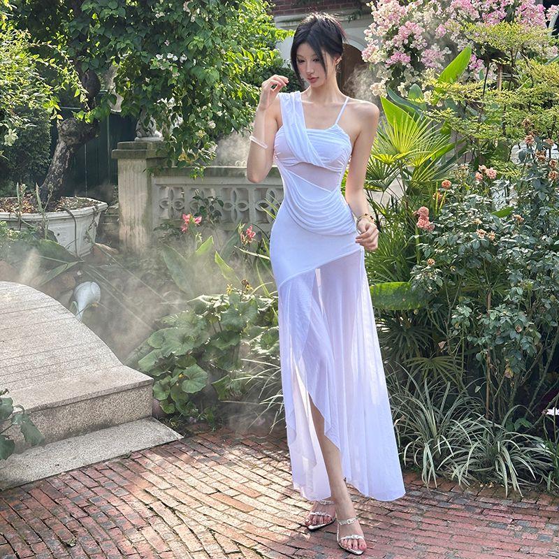 

# Sisjuly# Mist Young Adult Vacation Style Asymmetrical Slim-Fit Oblique Shoulder Sexy Fairy Flying Dress Female White S