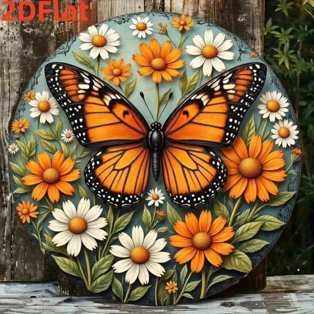Vintage Metal Sign Butterfly Daisy Floral Artwork Weatherproof Tin Plaque for Outdoor Garden Patio Wall Decor